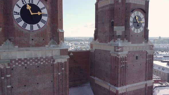 Aerial of Munich's Famous Landmarkt Frauenkirch in Winter