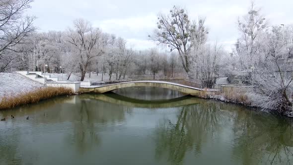 Aerial: Snow-covered public park in Kaliningrad, Russia