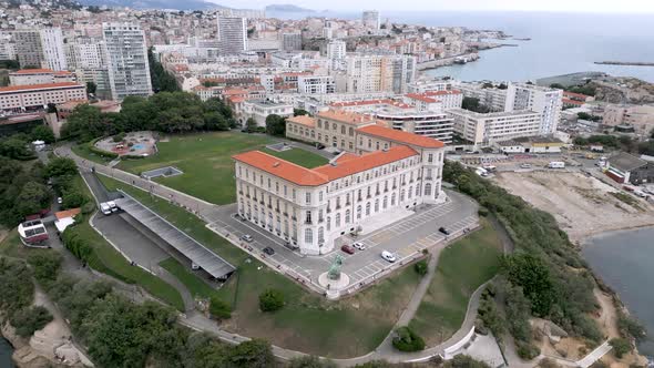 Drone shot of Pharo Palace (Palais du Pharo) in Marseille, France