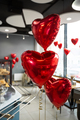 Hearts made of red foil, balloons with helium in the decor of the cafe on Valentine's day. - PhotoDune Item for Sale