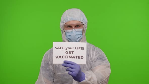 Doctor with Syringe Ampoule and Text Slogan on Paper Safe Your Life Get Vaccinated Coronavirus