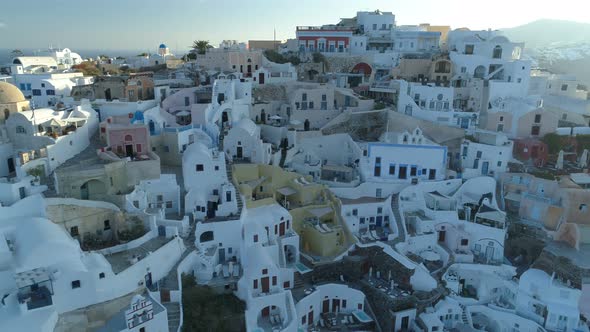 Aerial View Flying Over City of Oia on Santorini Greece