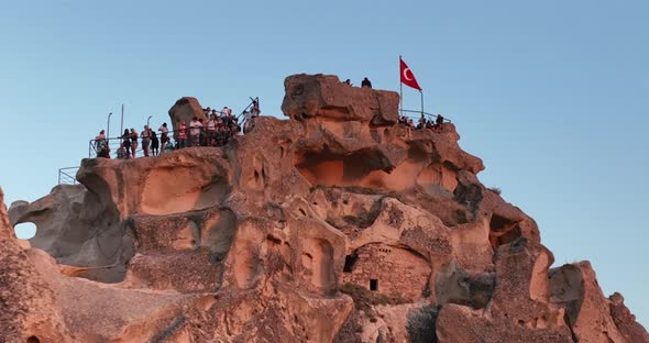 Aerial View of Natural Rock Formations in the Sunset Valley with Cave Houses in Cappadocia Turkey