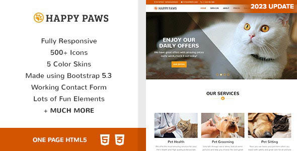 Happy Paws – Pet Responsive One Page HTML
