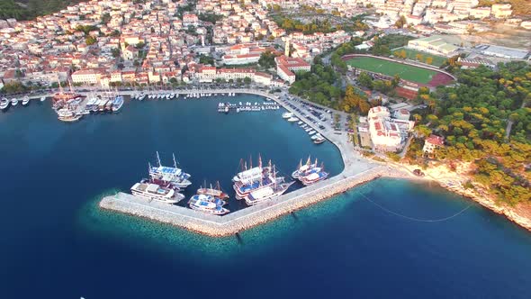 Aerial view of dalmatian bay with houses and football stadium