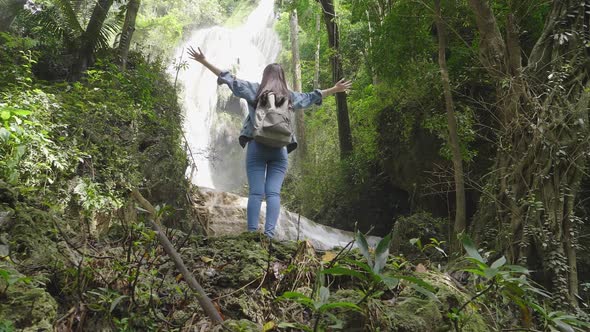 Girl Freedom With Waterfall