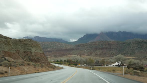 Road Trip Driving Auto in Zion Canyon Utah USA