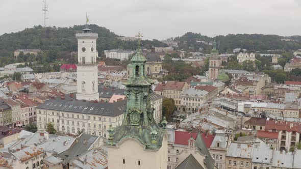 Aerial Drone Video of European City Lviv Ukraine Rynok Square Central Town Hall Latin Cathedral