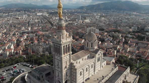 Aerial view of the basilica Notre Dame de la Garde in Marseille. France 2020