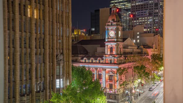 Night Time Lapse of Christmas projections on Melbourne Town Hall Prince Alfred's Tower during Christ