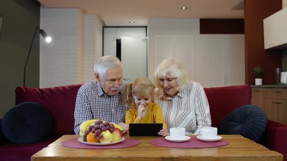 Grandparents Teaching Small Kid Granddaughter Using Tablet, Making Online Shopping at Home