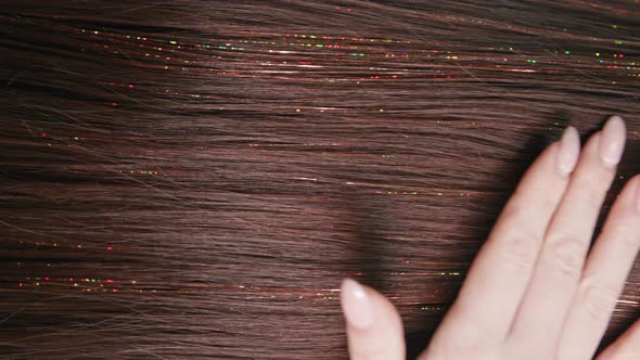 Hair Trends Closeup of Fashionable Hairstyle with Shiny Thread in Beautiful Hair Vertical Screen