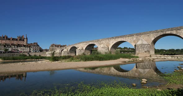 Gien, Loiret department, France. Low water level in the Loire river during a dryness season.