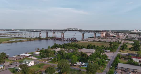 Aerial of cars traveling over the Calcasieu River Bridge in Lake Charles, Louisiana