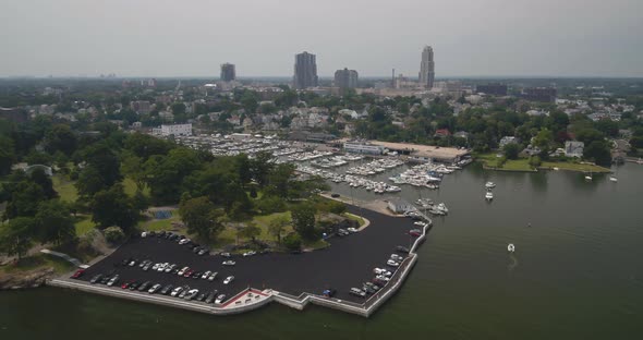 Flying Towards New Rochelle and Boats Docked at a Marina