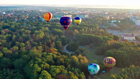 Multicolored balloons fly over trees. Nice top view of the park, forest covered with greenery.