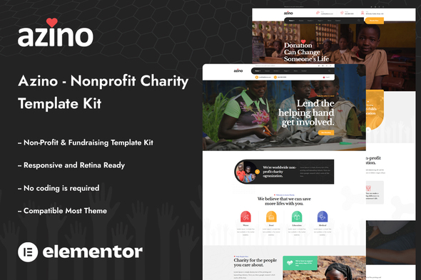 Azino – Nonprofit Charity Elementor Template Kit – 0 Sold!