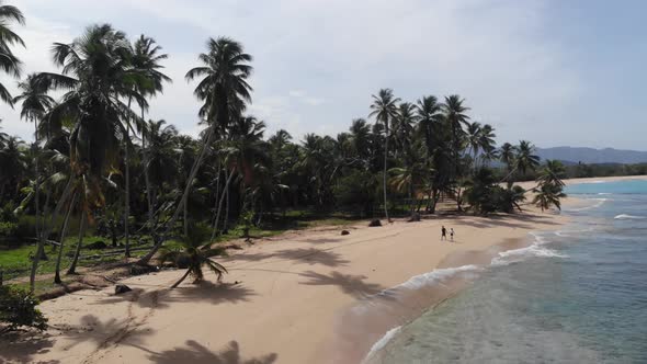 Aerial View of a Couple Walking on a Beautiful Beach on Vacation Tropical