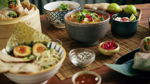 Japanese Ramen with Beef or Chicken Rice Noodles with Fried Meat Tom Yam Kung Spicy Thai Asian Soup