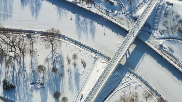 Top View of the Pedestrian Bridge Over the Frozen Svisloch River in Minsk