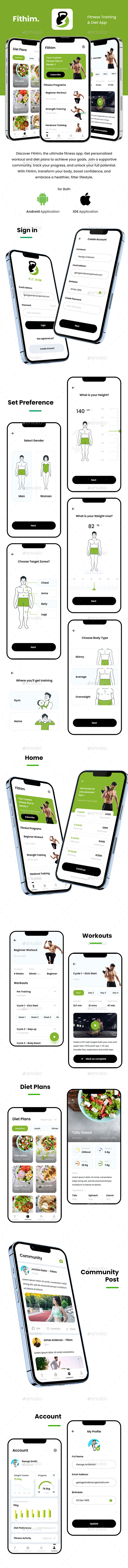 Fitness UI | Workout & Diet Plan Maker App UI Kit | Health & Fitness App UI | FitHim