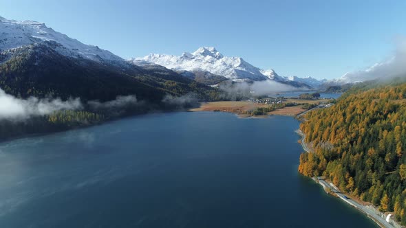 Aerial view of Lake Silvaplana, Graubuenden, Switzerland