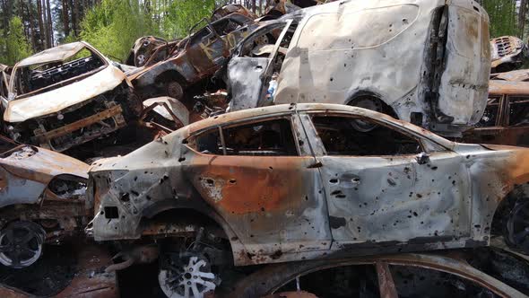 Many Shot and Burnt Cars in the City of Irpen Ukraine After the Russian Invasion During the War