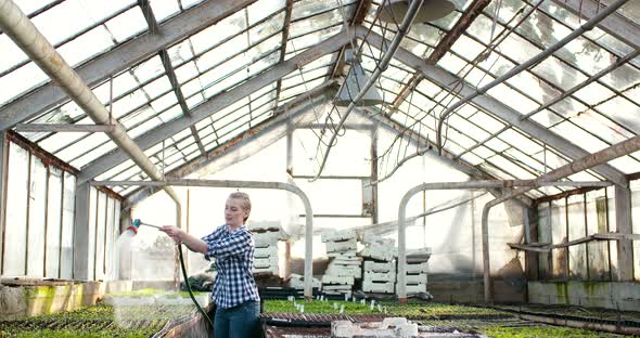 Female Farmer Watering Plants in Greenhouse - Agriculture