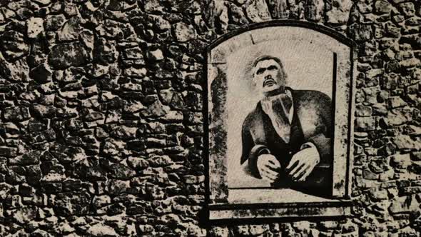 A Creepy Vampire Looking Through A Castle Window And Bats Flying Around