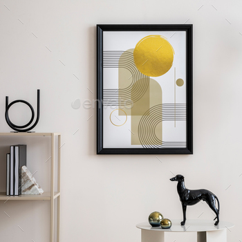 k up poster, coffee table with dark dog, gold lamp and personal accessories. Beige wall. Home decor. Template.