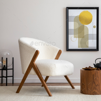 k up poster, white armchair, lamp, consola and personal accessories. Beige wall. Home decor. Template.
