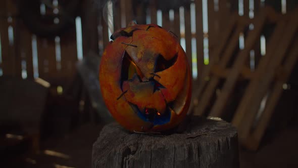 Scary Halloween Pumpkin Lantern in Dark Shed