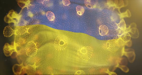 Ukraine Flag With Coronavirus Microbe Centered