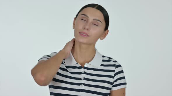 Tired Latin Woman with Neck Pain White Background
