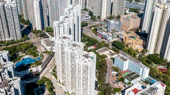 Drone fly down over the central district in Hong Kong city