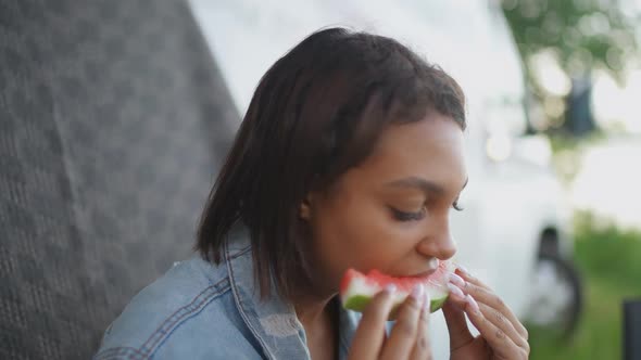 Portrait of an African Female in Nature a Young Woman Eating a Watermelon and Enjoying Fruit Food