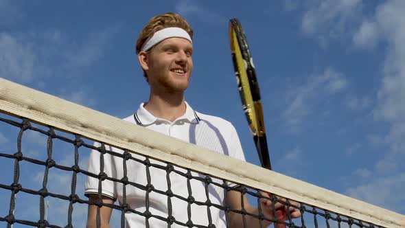 Happy Smiling Tennis Male Player With Racket, Healthy Lifestyle, Luxury Court