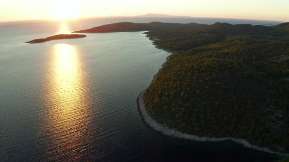 Aerial View of the Green Shores of the Island Korcula at Sunset Croatia