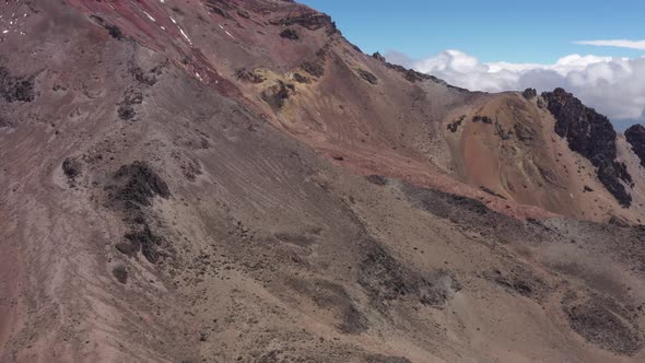 Aerial view of the steep slopes of the chimborazo vulcano and revealing the highest basecamp 