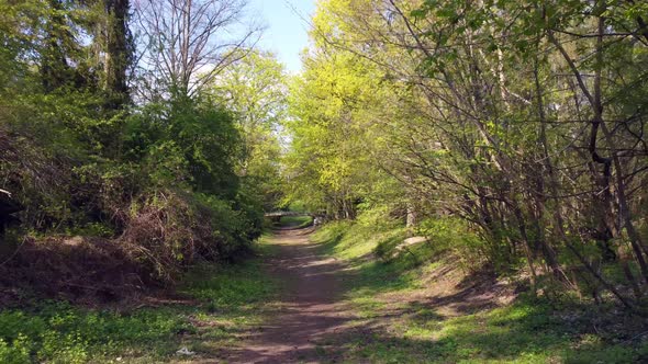 Lonely Abandoned Secret shortcut way. Calmer aerial view flight fly forwards drone footage of Berlin