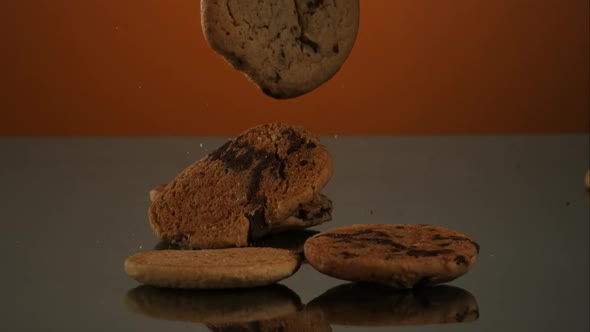 Cookies falling and bouncing in ultra slow motion 