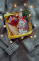 Seasonal handmade gift box with Christmas toys, treats, Christmas decor.Top view - PhotoDune Item for Sale