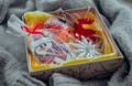 Seasonal handmade gift box with Christmas toys, treats, Christmas decor.Top view - PhotoDune Item for Sale
