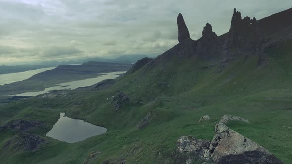 Cloudy weather in the mountains Old Man of Storr, Scotland, Europe