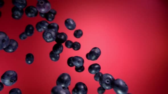 Big Fresh Delicious Blueberries Are Flying Diagonally on the Red Background