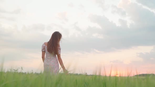 Girl in a White Dress in a Wheat Field at Sunset