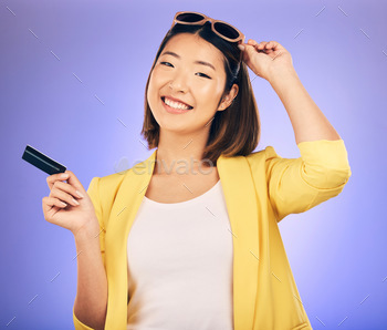 Credit card, sunglasses portrait and woman shopping, retail banking and finance, e commerce or pape