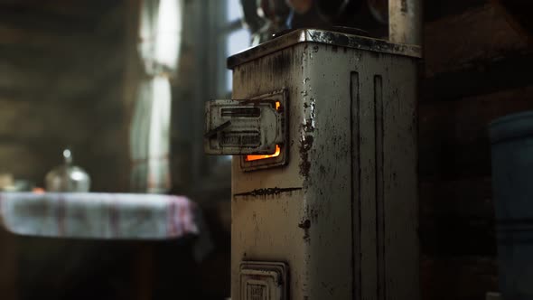 Dark Interior of Retro Log House