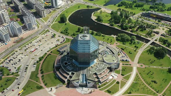 Top View of the National Library and a New Neighborhood with a Park in Minsk-the Capital of the