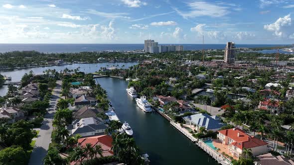 Aerial view over Harbor Beach flying towards the ocean in Florida